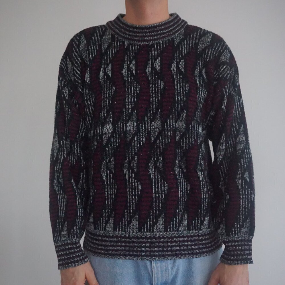 Vintage '80s Celebrity Club Gray Maroon 3D Biggie Cosby Knit Crewneck Sweater L